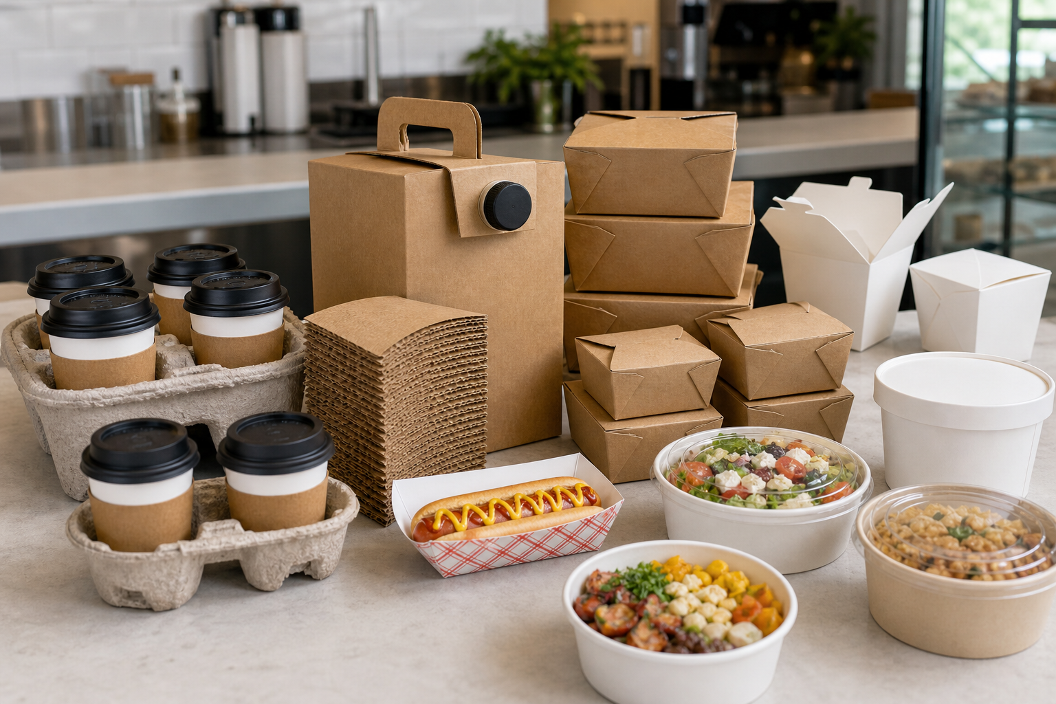 Assorted takeout containers and food packaging